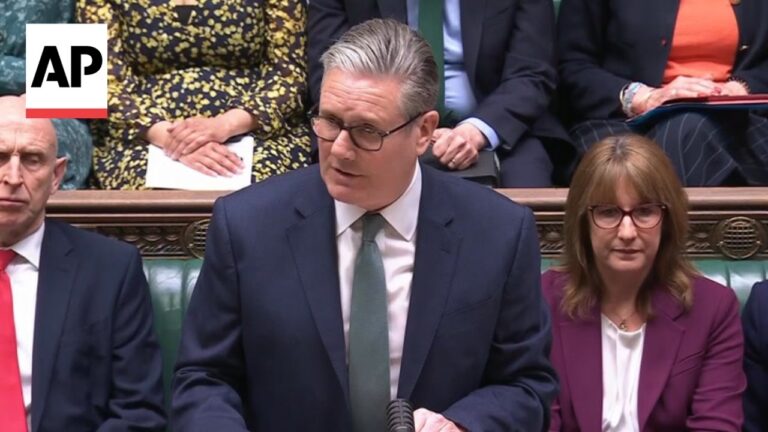 Man in a navy suit and green tie speaks from a podium in a parliamentary chamber, AP logo visible on the left, woman in a purple blazer seated beside him.