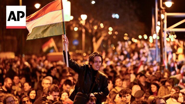 Young person in a black jacket raises a rainbow flag above a crowded night-time protest; AP logo in corner.