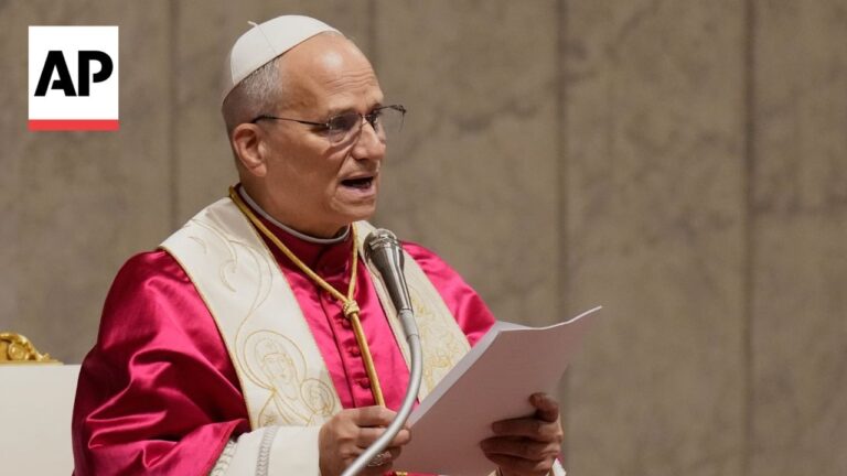 Catholic cleric in magenta liturgical vestments and white zucchetto speaks into a microphone while holding papers; AP logo in the corner.