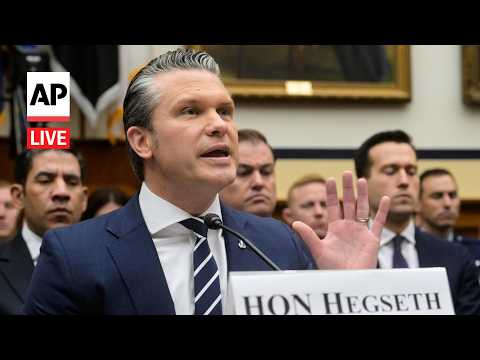 Male speaker testifying at a congressional hearing; nameplate reads HON HEGSETH; AP Live logo in the corner.