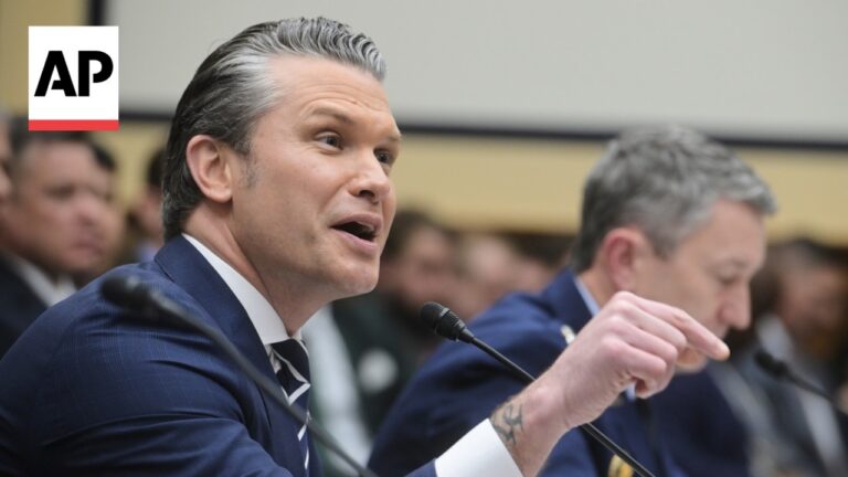 Man in a blue suit speaks into a microphone at a panel hearing; AP logo in the upper-left corner.