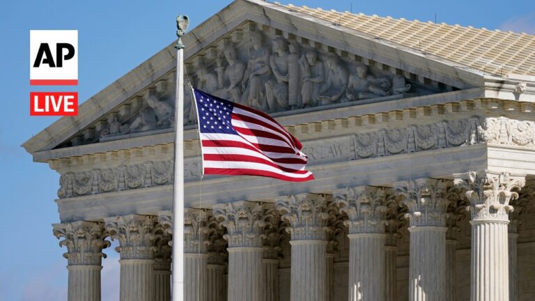 AP Live logo on the left; waving American flag in front of a neoclassical courthouse with ornate columns and frieze.