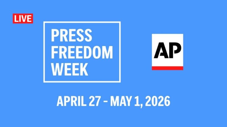 Blue banner announcing Press Freedom Week, April 27–May 1, 2026, with AP logo on the right and a LIVE badge on the left.