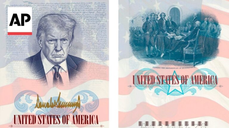 Two-panel patriotic image: left panel shows a stern man in a suit over a waving U.S. flag and an AP logo; right panel depicts a historical signing scene with the text 'UNITED STATES OF AMERICA'.