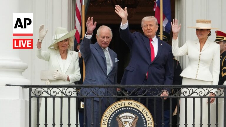 AP Live logo visible on the left; group on a balcony waving to crowd with presidential seal below.