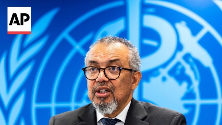 Man with glasses and gray beard speaking at a press conference, UN backdrop in blue behind him, AP logo in the corner