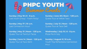 1780938062_maxresdefaultjpg - New Social Gospel PHPC YOUTH Summer Events flyer listing dates and times for various activities, with pink flip-flops on the left and a pink/blue umbrella on the right.