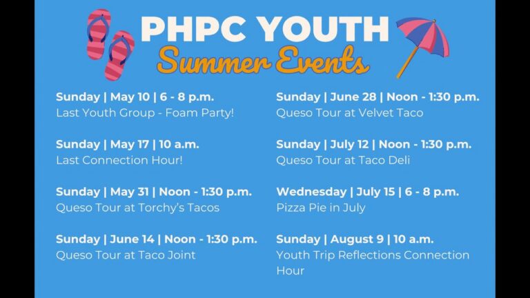 PHPC YOUTH Summer Events flyer listing dates and times for various activities, with pink flip-flops on the left and a pink/blue umbrella on the right.