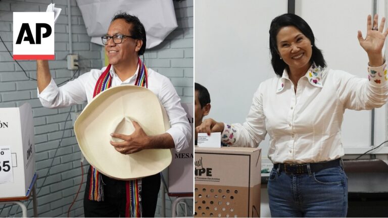 Split-image of a man holding a large sombrero and an AP sign on the left, and a smiling woman waving near a ballot box on the right at a polling station.