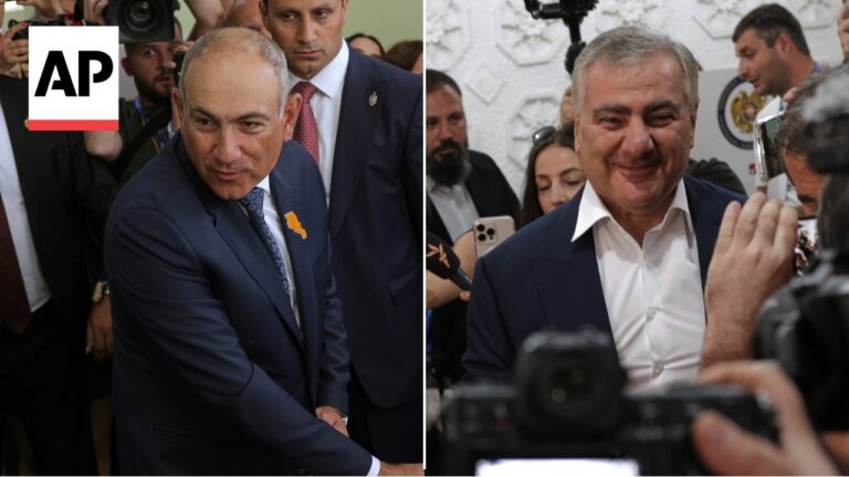 Split photo: left panel shows a man in a navy suit among photographers with an AP logo; right panel shows a smiling man in a white shirt amid cameras and reporters.