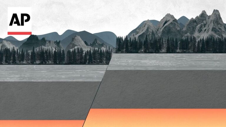 Cross-section illustration of mountains, forest, and water with exposed geological layers and an orange glow at the base; AP logo in the top-left corner.