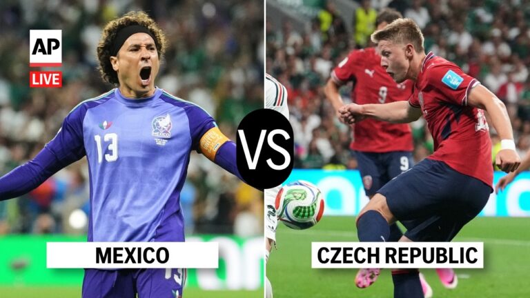 Split-screen soccer image: Mexico (left) in purple celebrating with captain armband; Czech Republic (right) in red preparing a play, with a black VS circle in center.