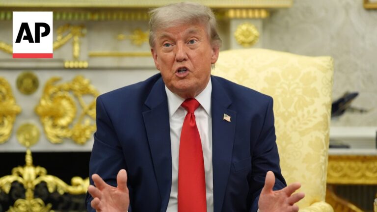 Former US president Donald Trump speaks, gesturing, in a gilded room; AP logo upper left.