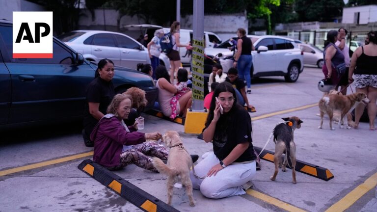 People and dogs gathered in a parking lot; a young woman sits on the ground on her phone beside a tan puppy while an older woman offers a treat nearby.