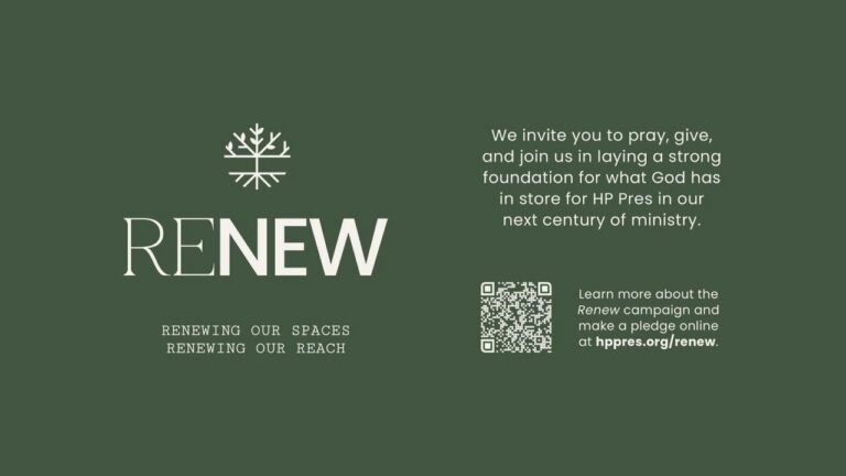Promotional green poster for the RENEW campaign with a white tree logo, large 'RENEW' text, slogan, and a QR code with a short URL on the right side.