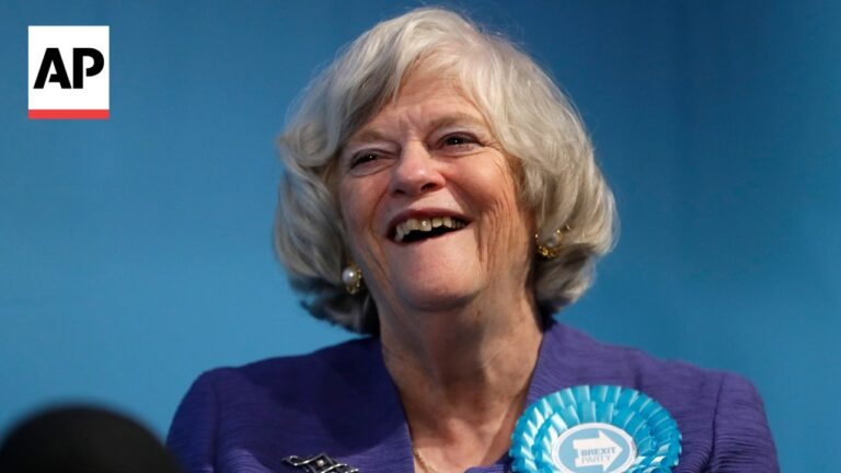 Smiling elderly woman in a purple blazer with a blue Brexit Party ribbon; AP logo in the top-left corner.