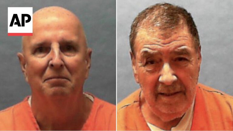 Two mugshots of an older man in an orange inmate jumpsuit against a gray background, AP logo overlay on left.