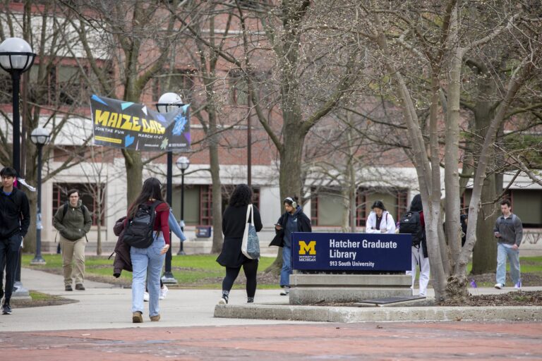 University of Michigan students walk on campus in Ann Arbor, Mich., on April 3, 2025.