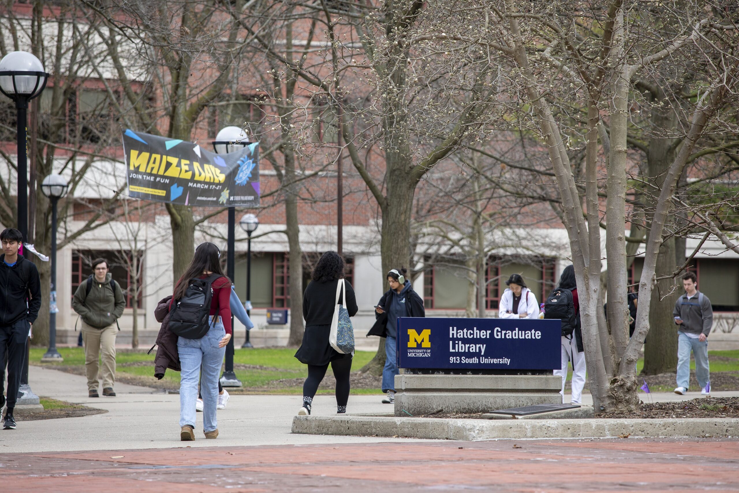 University of Michigan students walk on campus in Ann Arbor, Mich., on April 3, 2025.