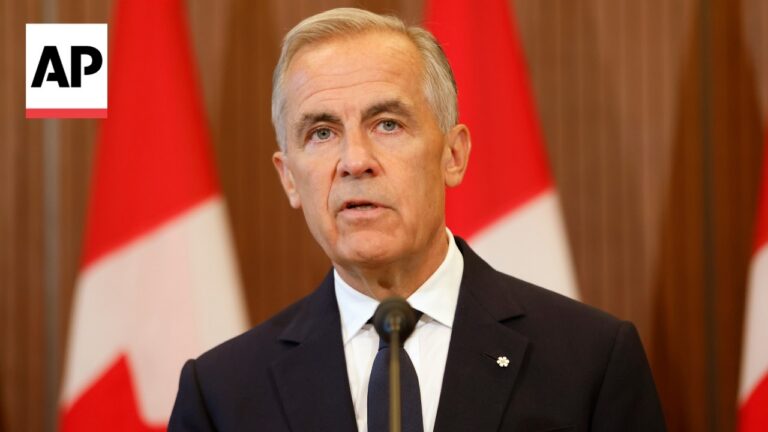 A man in a dark suit speaks at a microphone, with an AP logo in the corner and red-and-white flags in the background.