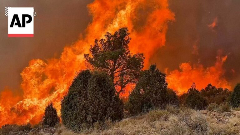 AP logo in the top-left corner; a large brush fire with bright orange flames engulfing trees and dry vegetation in a rocky landscape.