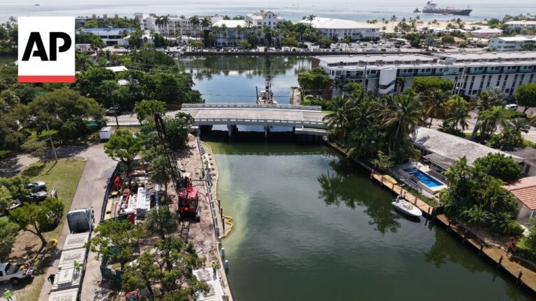 Aerial view of a canal with a bridge, construction equipment on the left bank, and palm trees along houses and docks on the right.