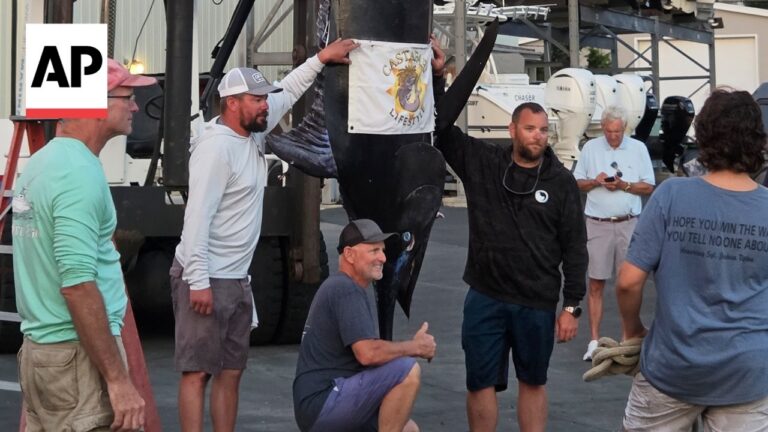 Group of men standing around a large black shark sculpture on a marina, AP News watermark visible in the corner with boats in the background.