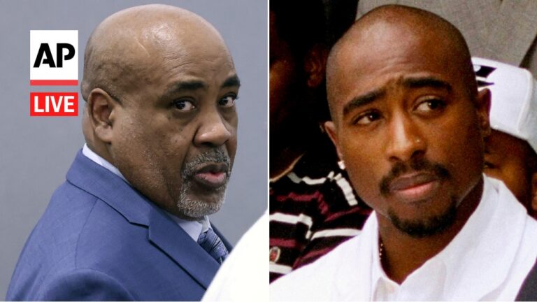 Split image of two men: left a bald man in a blue suit looking over his shoulder, with AP Live logo; right a younger man in a white shirt with a concerned expression.