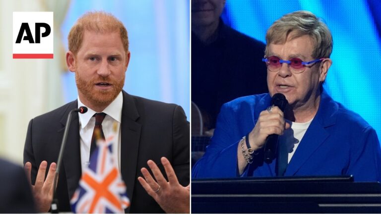 Split image: left side shows Prince Harry speaking at a press event with a Union Jack flag; AP logo in the top-left corner. Right side shows Elton John in a blue suit singing into a microphone on stage.