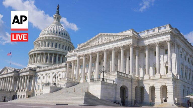 AP Live logo beside the U.S. Capitol dome and neoclassical building against a blue sky.