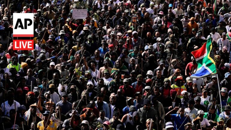Large crowd of protesters densely packed, raising sticks, with a South African flag visible; AP Live logo on the left.