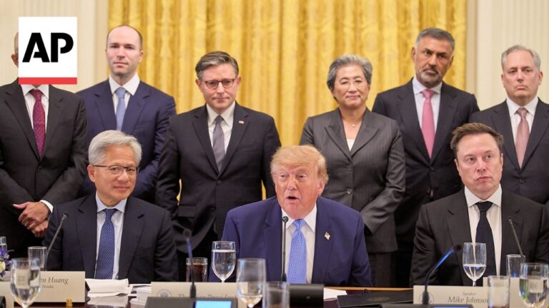 Donald Trump speaks at a formal meeting table with officials, AP logo covering a person on the left. Behind him are suited colleagues under gold curtains.] ,