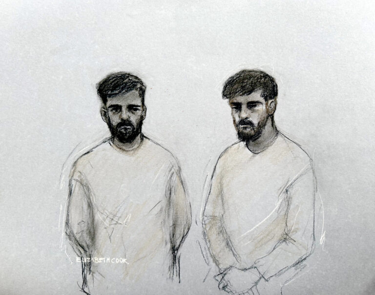 Two shirtless men drawn in pencil standing side by side, looking downward, on textured paper.