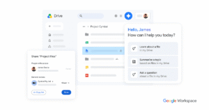 Illustration of Google Drive UI with a 'Share Project files' dialog and a help card.