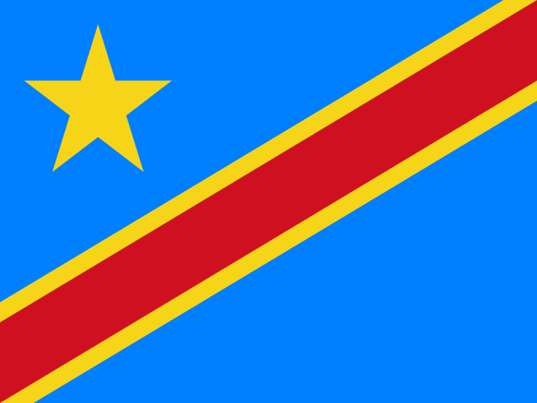 Flag of the Democratic Republic of the Congo: blue field with a yellow star in the upper left and a diagonal red stripe edged in yellow.