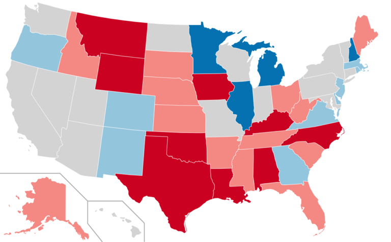 United States map with states colored red, blue, pink and gray; red = Republican, blue = Democrat, gray = neutral; Alaska and Hawaii shown in insets.