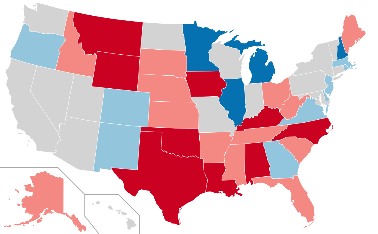 United States map with states colored red, blue, pink and gray; red = Republican, blue = Democrat, gray = neutral; Alaska and Hawaii shown in insets.