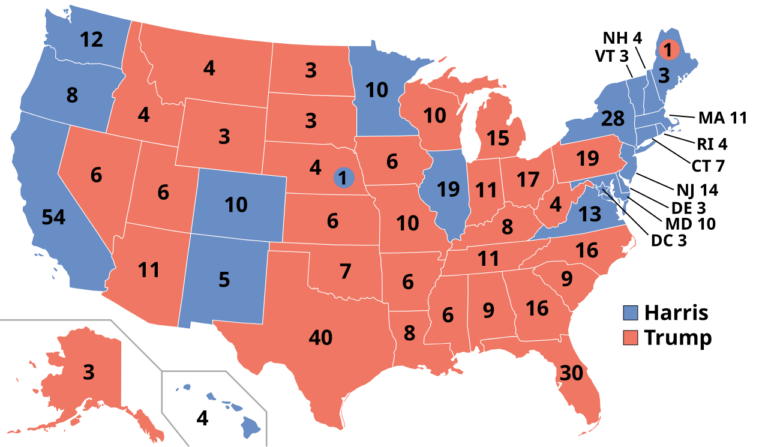 Color-coded US electoral map: blue and red states with numbers showing each state's electoral votes; legend shows blue and red squares.